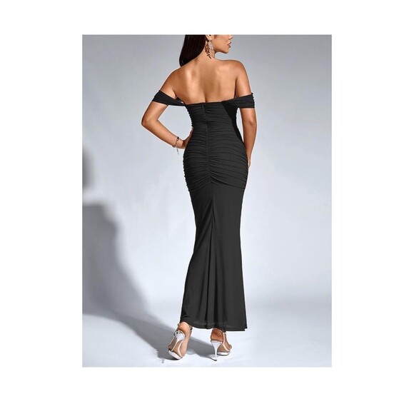 Black Bodycon Mermaid Gown. Womens Sz. S Off Shoulder Sleeveless. Stretchy - Picture 2 of 6